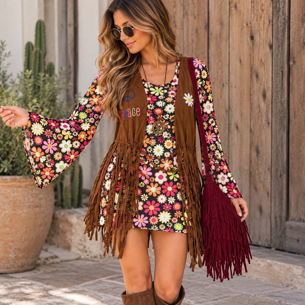 Hippie Costume M/L Floral Bell Sleeve Fringe Vest Burgundy Bag 60s 70s Boho